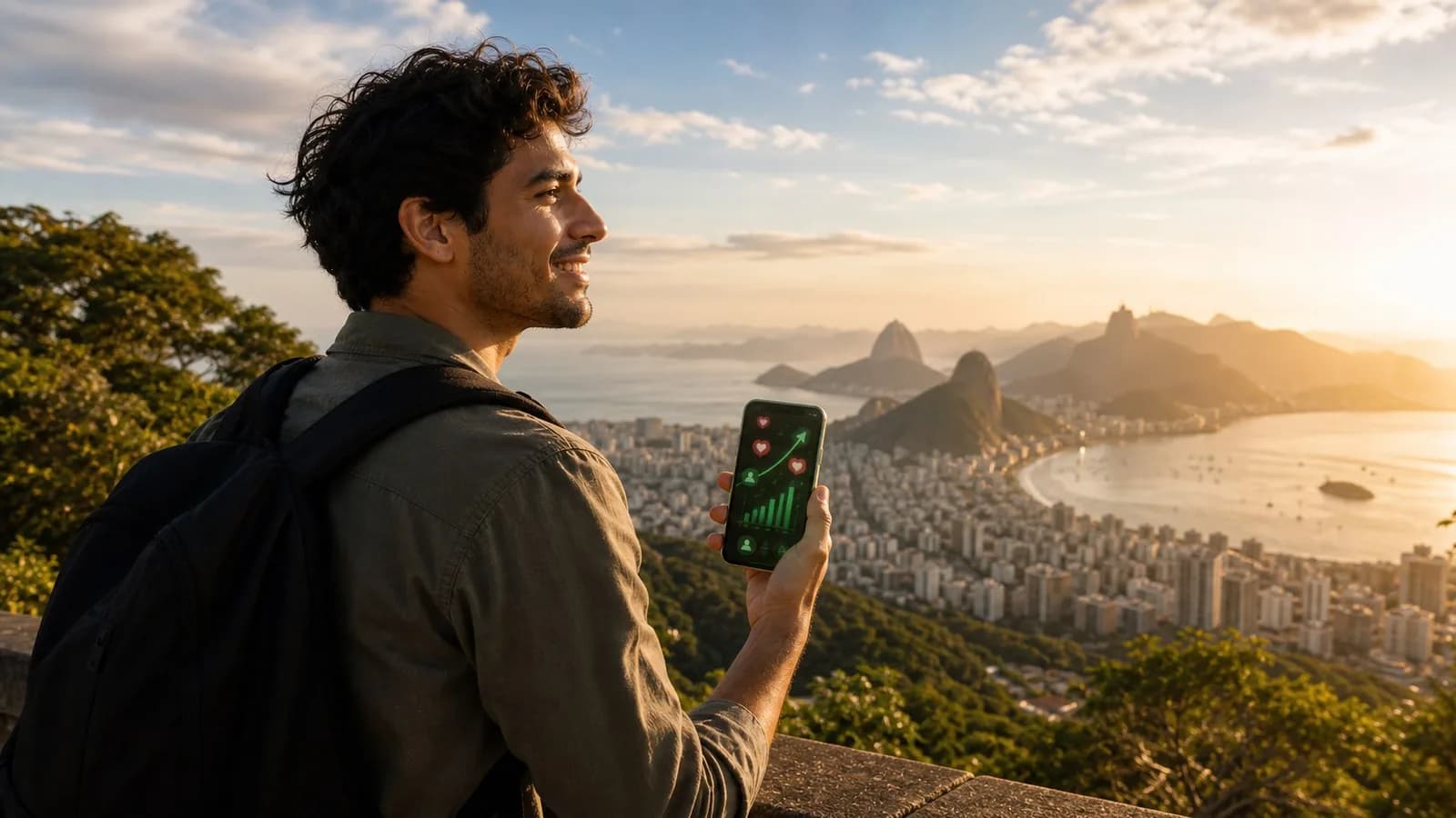 Creator checking profile growth on a phone with Rio de Janeiro in the background
