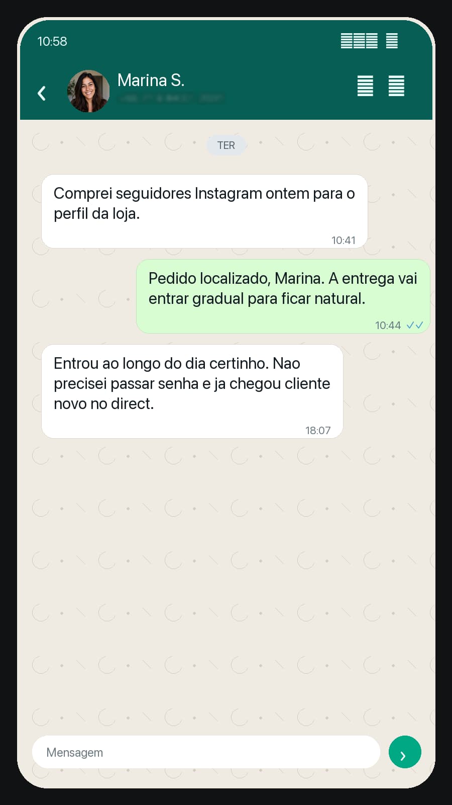 Anonymous chat-style testimonial about buying Instagram followers on Subio