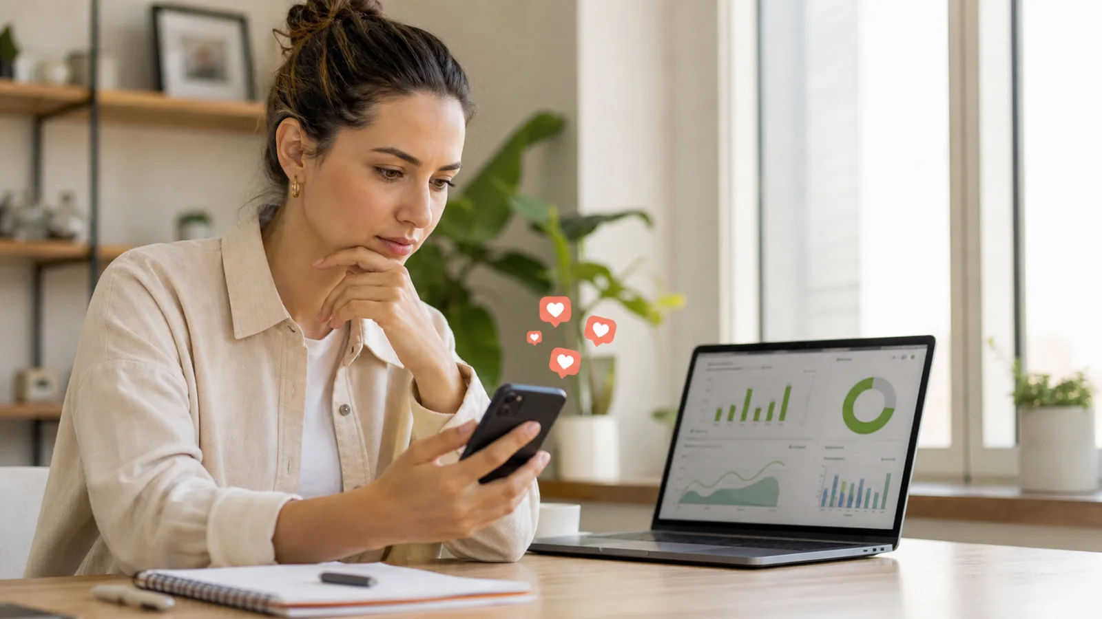 Los likes visibles y las métricas reales deben evaluarse por separado Creadora comparando likes visibles en el móvil con métricas reales de rendimiento en el portátil